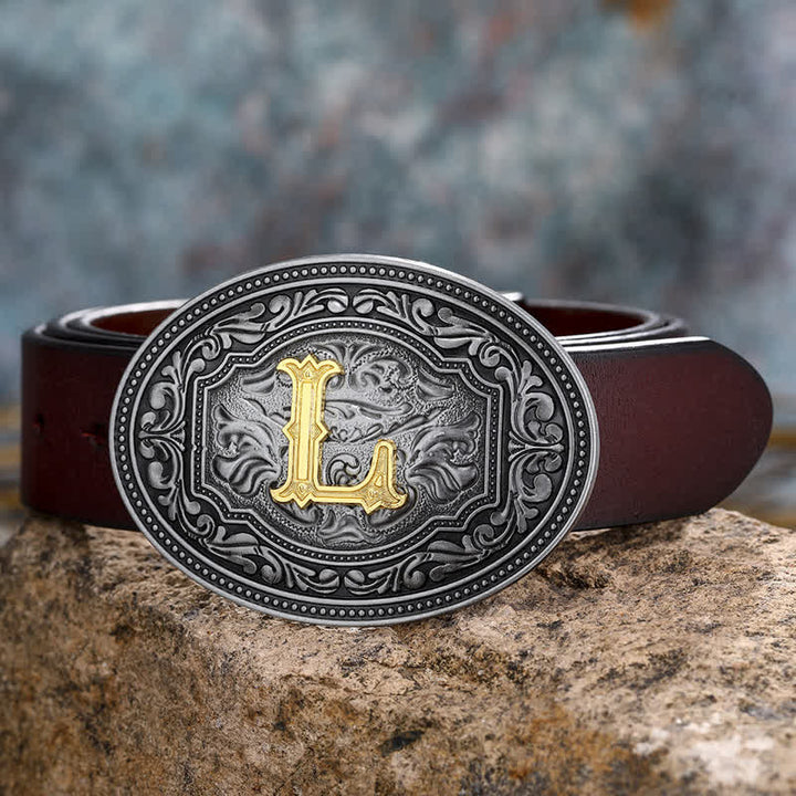 Cinturón de cuero unisex con hebilla y relieve de letras iniciales de hip hop, ideal para hacer uno mismo