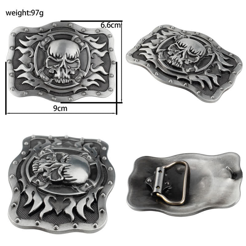 Cinturón de cuero rectangular con calavera en llamas para hombre