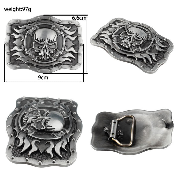 Cinturón de cuero rectangular con calavera en llamas para hombre