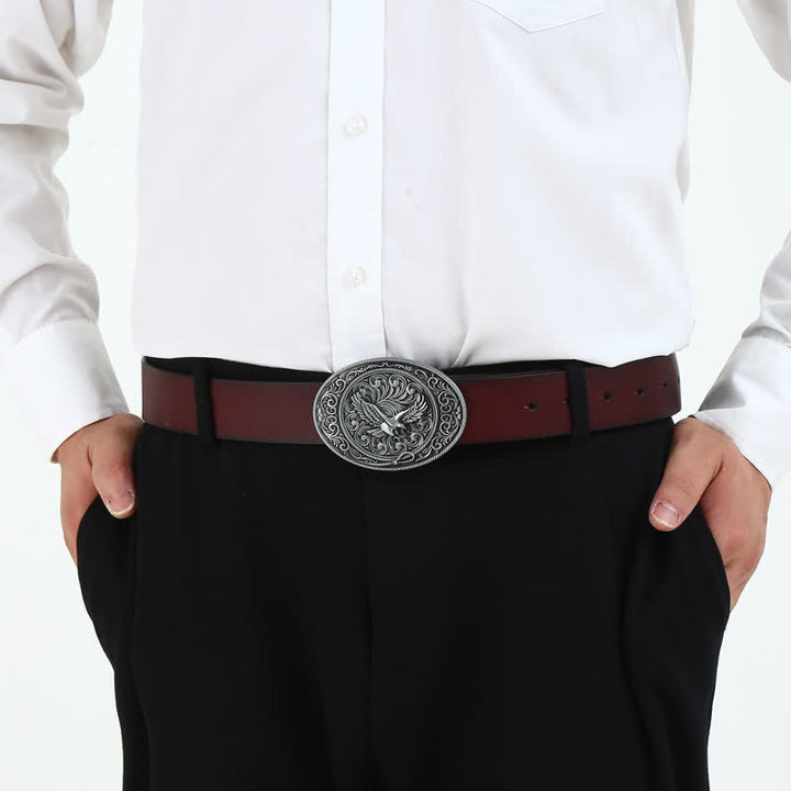 Cinturón de cuero con hebilla floral grabada con águila voladora para hombre hecho a mano
