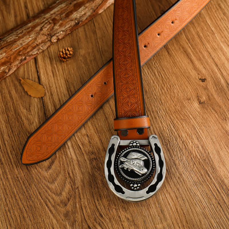 Cinturón de cuero estilo occidental con forma de herradura retro para hombre