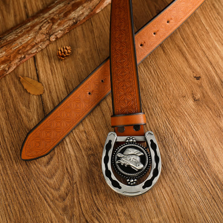 Cinturón de cuero estilo occidental con forma de herradura retro para hombre