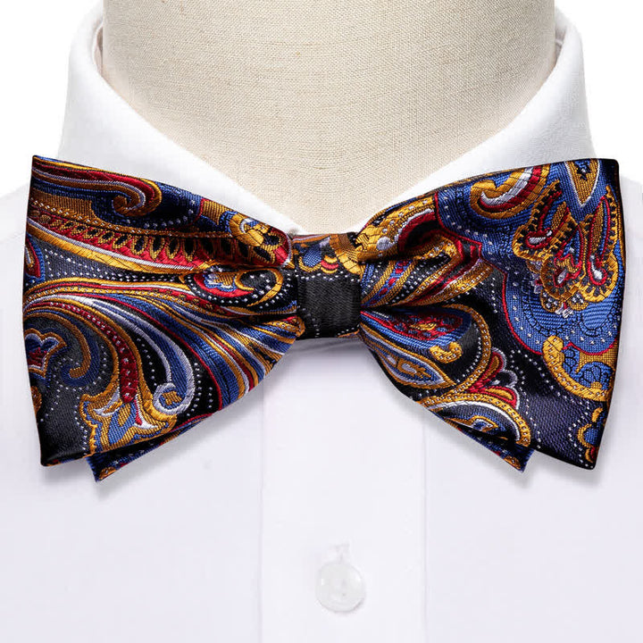 Conjunto de 2 pañuelos de bolsillo con pajarita y estampado de cachemira dorado y azul para hombre