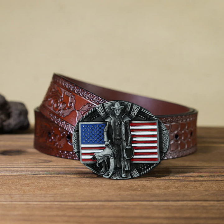 Cinturón de cuero con hebilla de vaquero con bandera estadounidense para hombre, hecho a mano