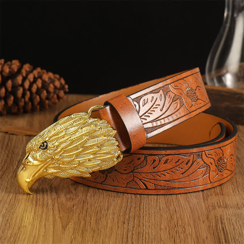 Cinturón de cuero estilo occidental con cabeza de águila y buitre realista para hombre