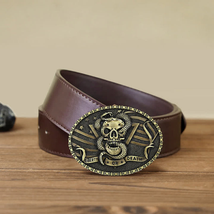 Cinturón de cuero con hebilla de calavera de serpiente "Libertad o muerte" para hombre, hecho a mano