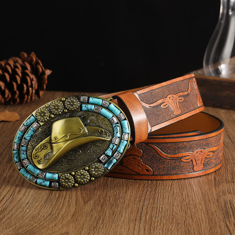 Cinturón de cuero con decoración turquesa y sombrero de vaquero dorado para hombre