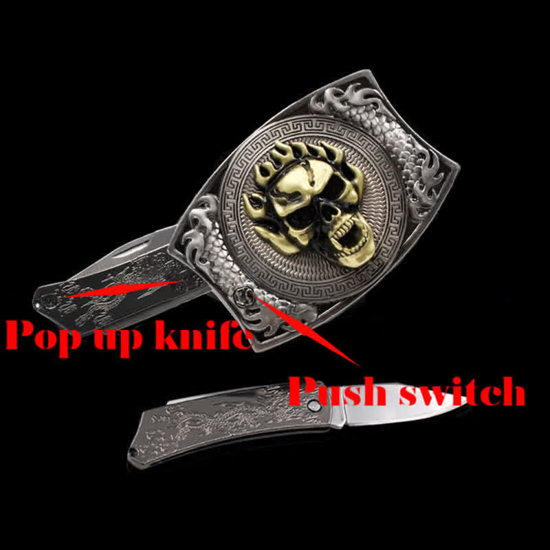 Cinturón de cuero con cuchillo plegable oculto con calavera en llamas para hombre