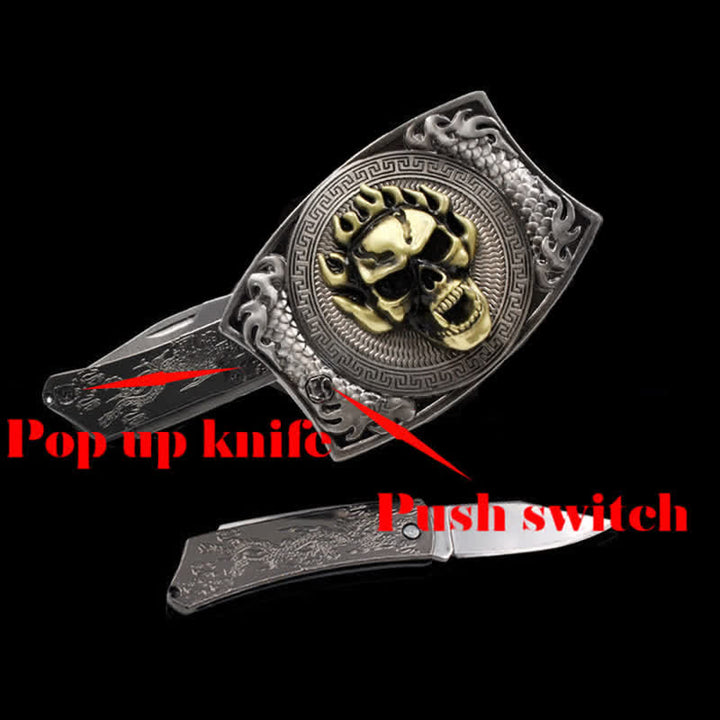 Cinturón de cuero con cuchillo plegable oculto con calavera en llamas para hombre