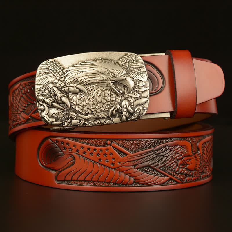 Cinturón de cuero con hebilla automática y alas de águila vintage para hombre