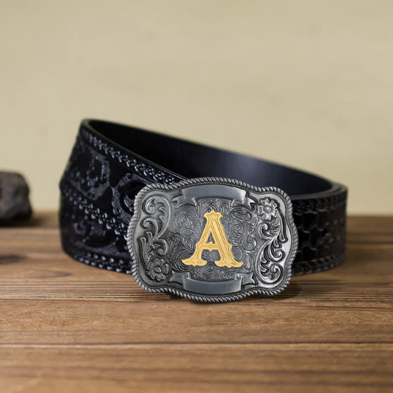Cinturón de cuero con hebilla cuadrada y letra inicial retro para hombre