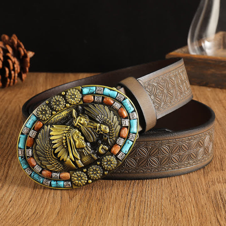 Cinturón de cuero turquesa con diseño bohemio indio para hombre
