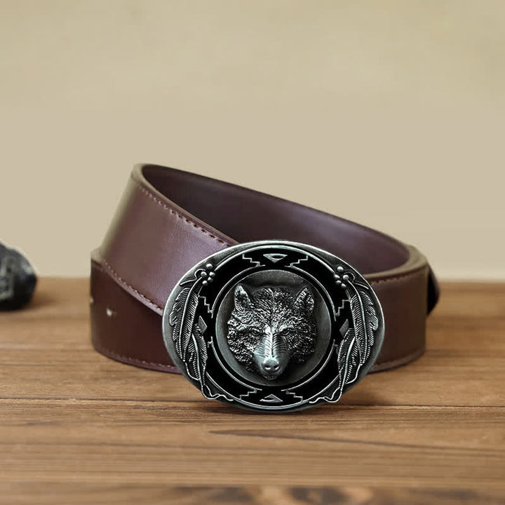 Cinturón de cuero con hebilla de cabeza de lobo vívida para hombre, hecho a mano