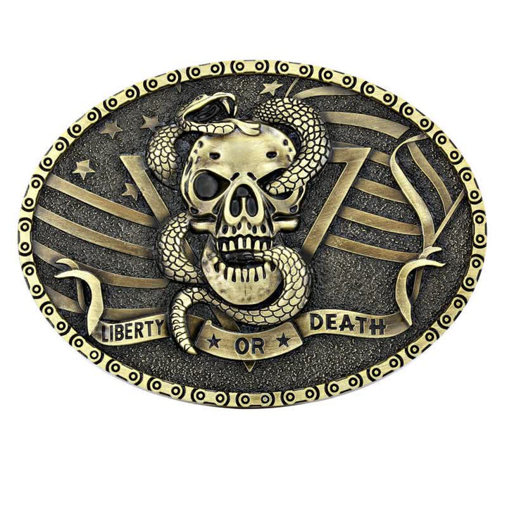 Cinturón de cuero con hebilla de calavera de serpiente "Libertad o muerte" para hombre, hecho a mano