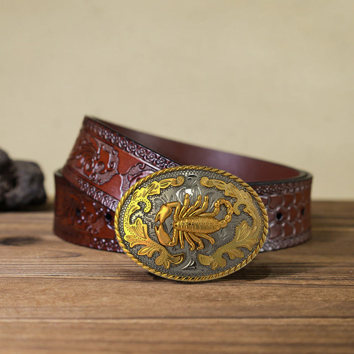 Cinturón de cuero con hebilla de escorpión dorado para hombre hecho a mano