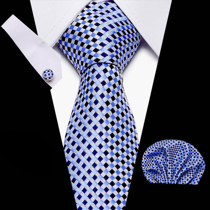 Conjunto de 3 corbatas tejidas a cuadros azules y negros para hombre