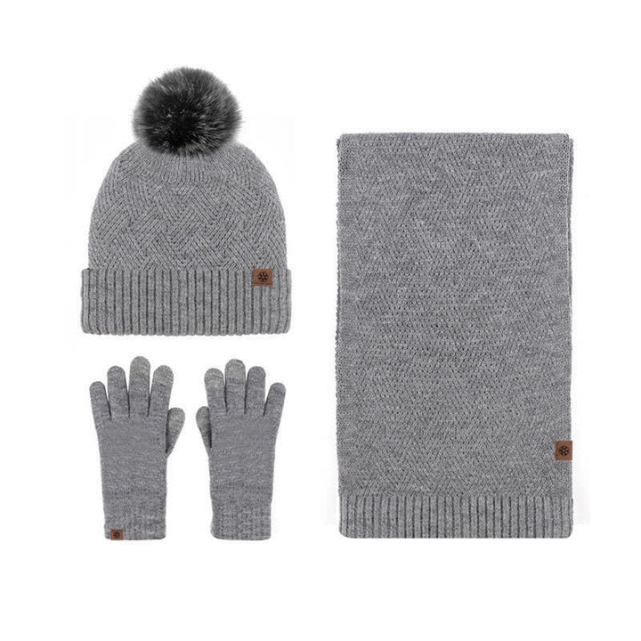 Conjunto de 3 guantes con pantalla táctil y bufanda con pompón tejido para mujer