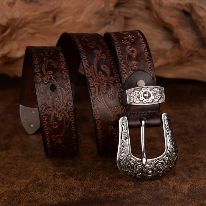Cinturón unisex de piel con estampado de flores y textura rústica