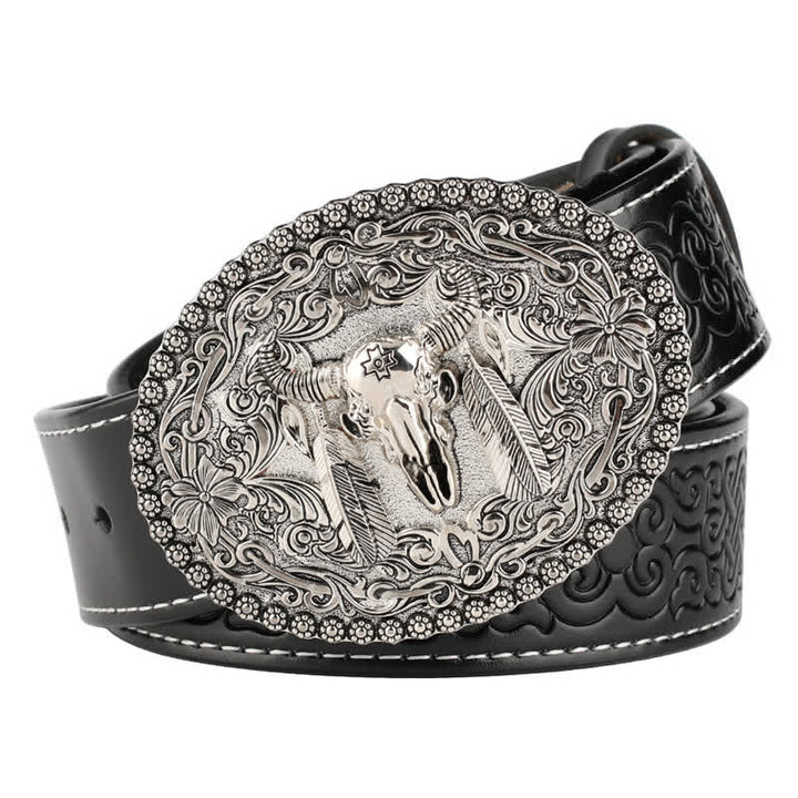 Cinturón de cuero para jeans con pluma grabada de toro para hombre
