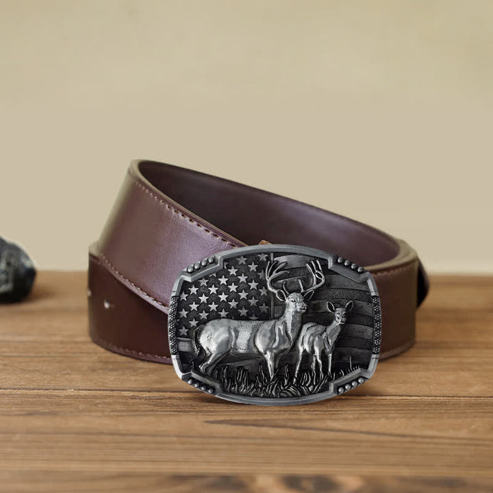 Cinturón de cuero con hebilla de bandera estadounidense para hombre, hecho a mano, con diseño de ciervos