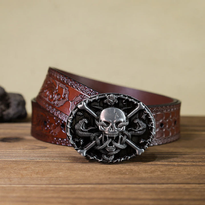 Cinturón de cuero con hebilla de serpiente y calavera gótica para hombre hecho a mano