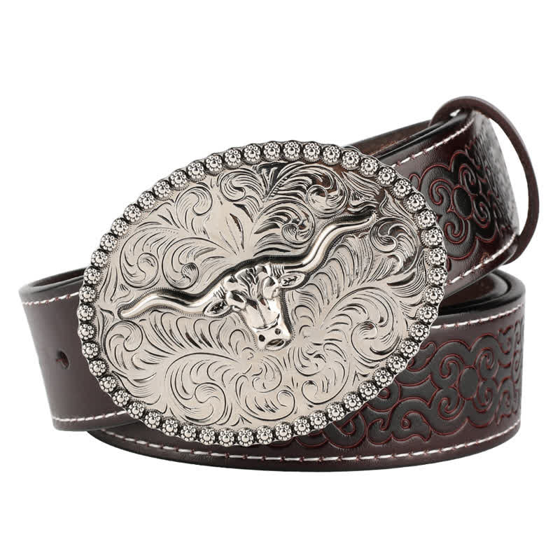 Cinturón de cuero para jeans con pluma grabada de toro para hombre