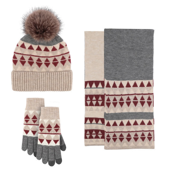 Conjunto de 3 guantes y gorro con estampado de triángulos para mujer