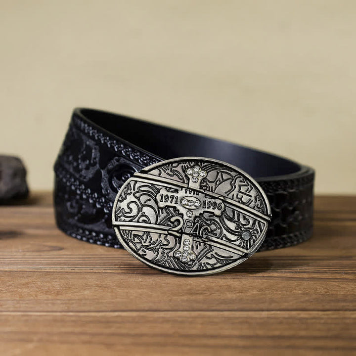 Cinturón de cuero con cuchillo plegable oculto con cruz pequeña para hombre