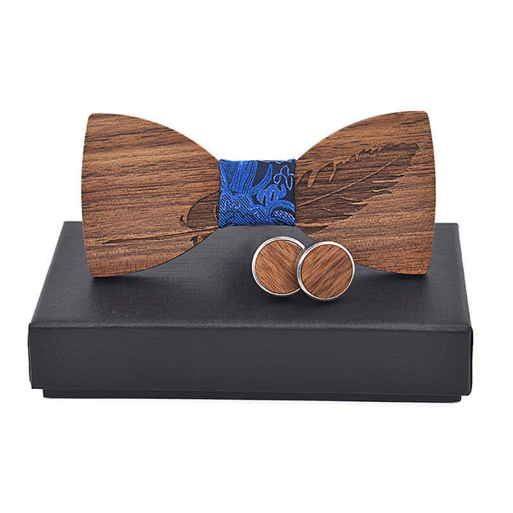 Juego de 2 pajaritas de madera con grabado de plumas para hombre