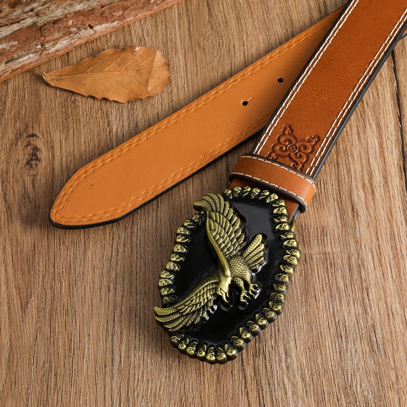 Cinturón de cuero con águila dorada antigua y halcón volador para hombre