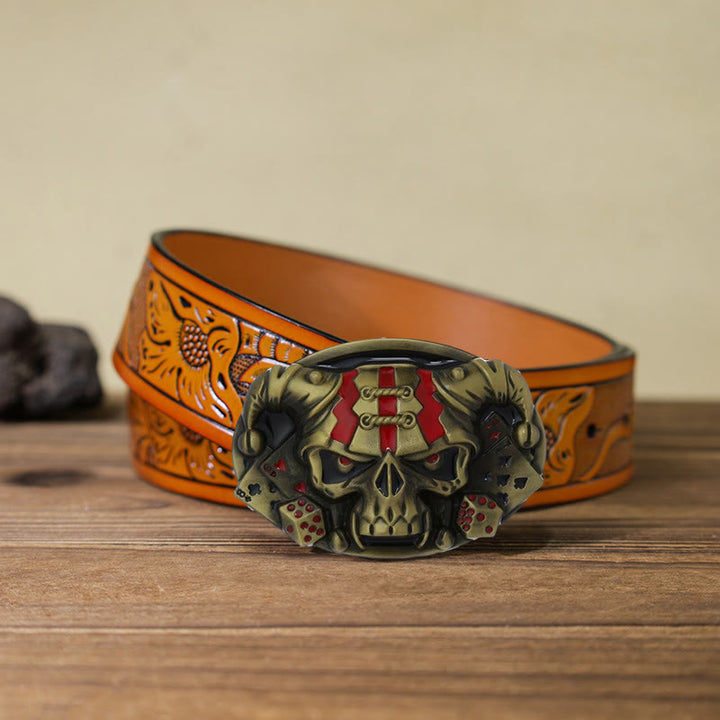 Cinturón de cuero con hebilla de payaso y calavera para hombre, hecho a mano