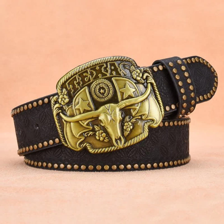 Cinturón de cuero con remaches de novillo Longhorn antiguo para hombre