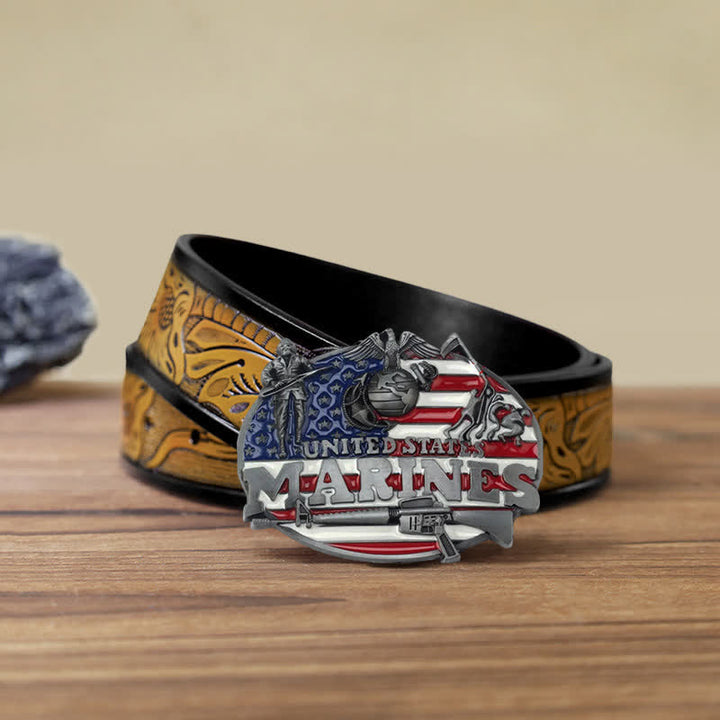 Cinturón de cuero con hebilla de marines estadounidenses para hombre, hecho a mano