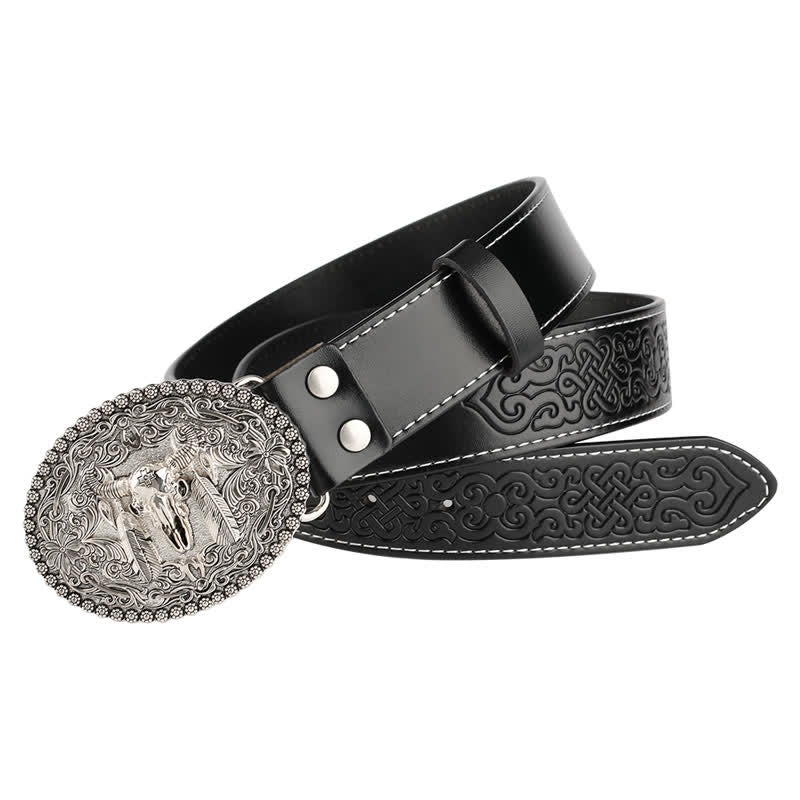 Cinturón de cuero para jeans con pluma grabada de toro para hombre