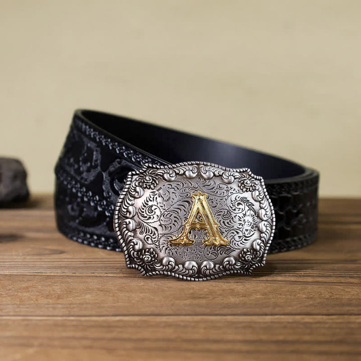 Cinturón de cuero con hebilla con letras iniciales del alfabeto para hombre