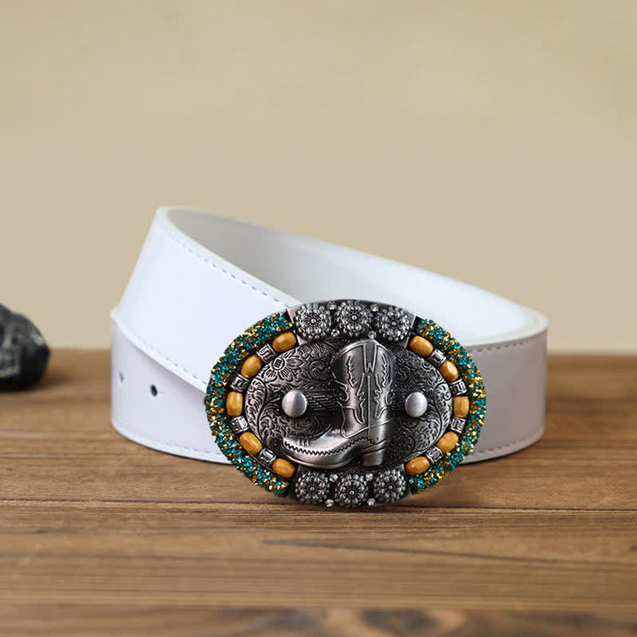 Cinturón de cuero con hebilla para botas de hombre, con cuentas de madera y diamantes de imitación, hecho a mano