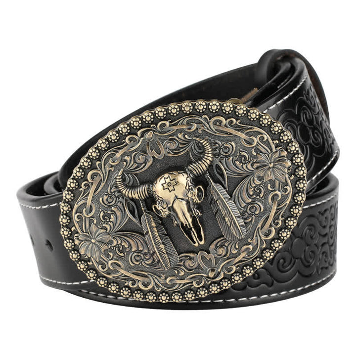 Cinturón de cuero para jeans con pluma grabada de toro para hombre