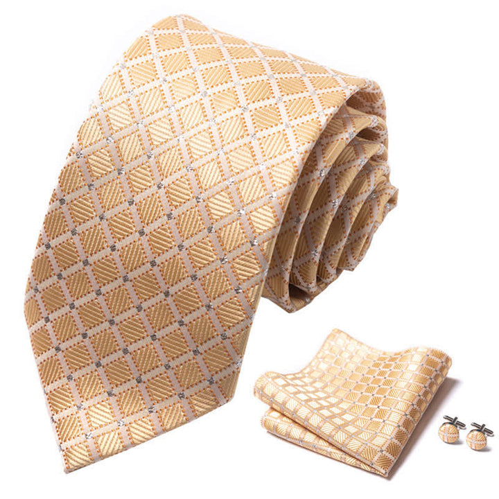 Conjunto de 3 corbatas elegantes a cuadros dorados y beige para hombre