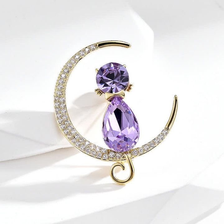 Broche de mujer con forma de luna y gatito en forma de menisco