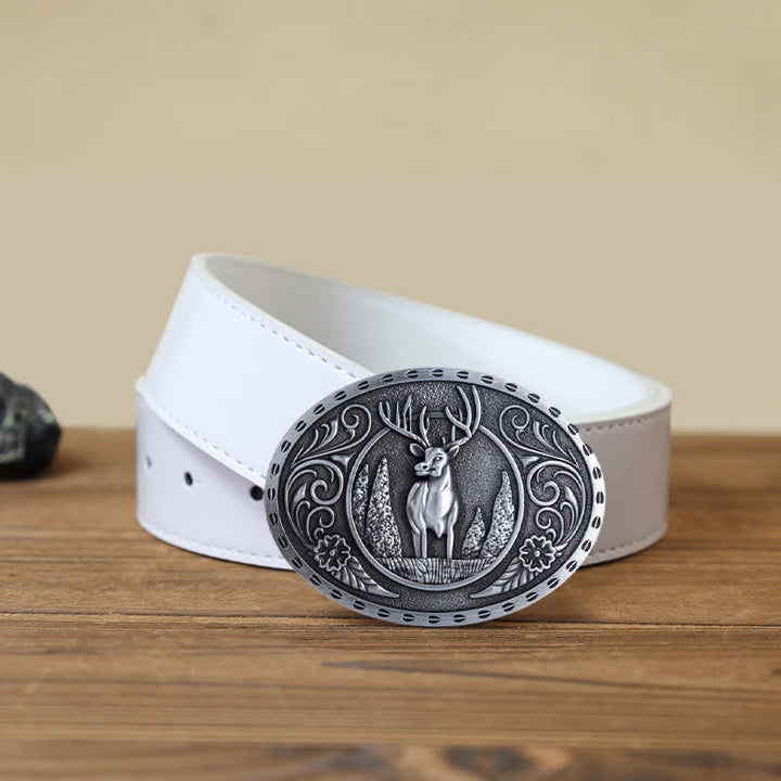 Cinturón de cuero con hebilla ovalada con diseño de ciervo del bosque para hombre hecho a mano