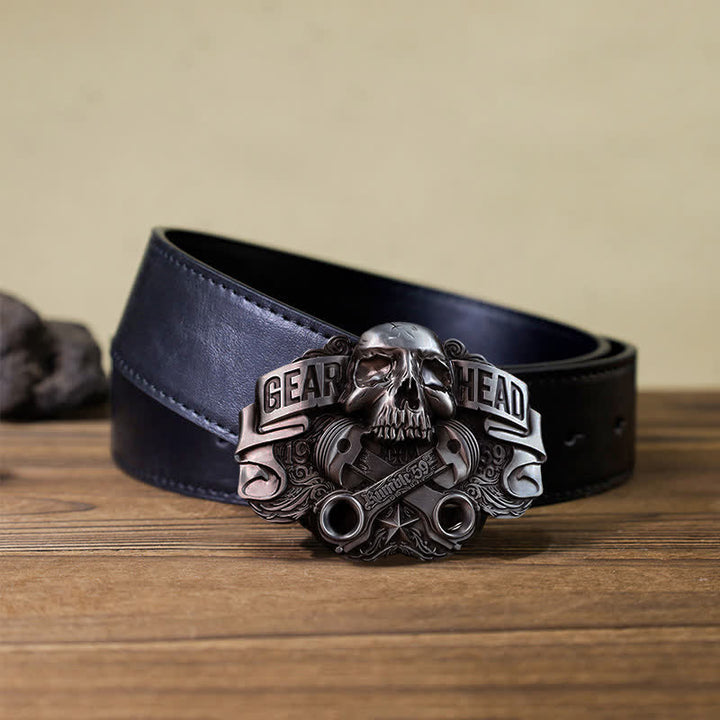 Cinturón de cuero con hebilla de calavera de pistón para hombre, hecho a mano con Gear Head