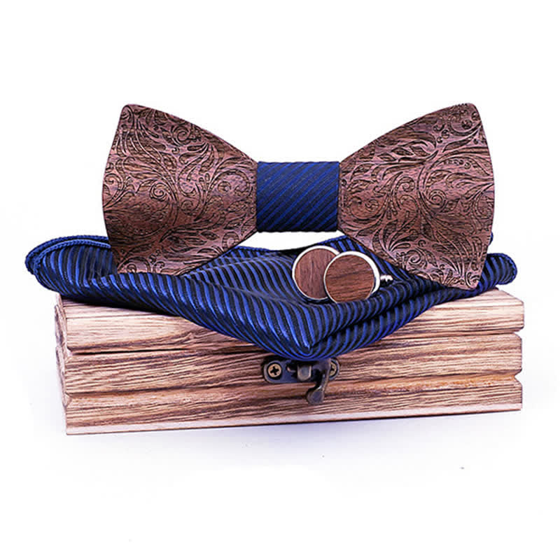 Juego de 3 pajaritas de madera con estampado de cachemira y nogal negro para hombre
