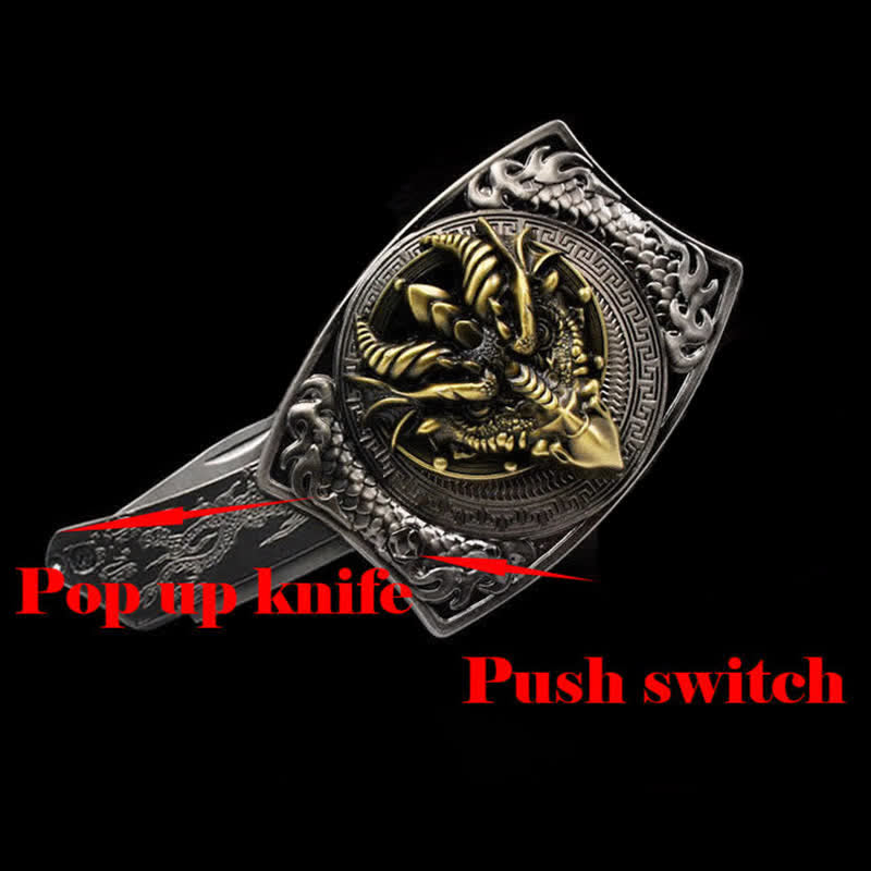 Cinturón de cuero con cuchillo plegable oculto de dragón de pico afilado para hombre