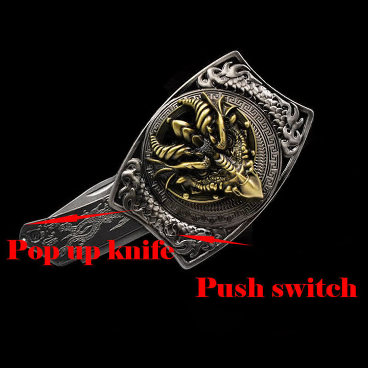 Cinturón de cuero con cuchillo plegable oculto de dragón de pico afilado para hombre