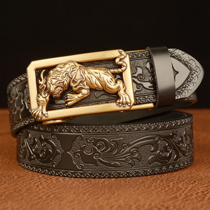Cinturón de cuero con estampado floral y hebilla de tigre para hombre