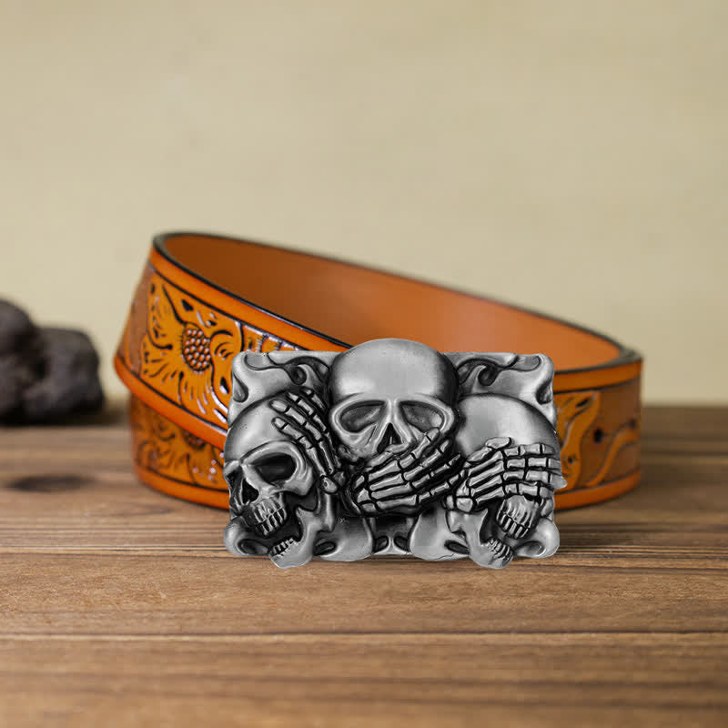Cinturón de cuero con hebilla de calavera de risa horrible para hombre hecho a mano
