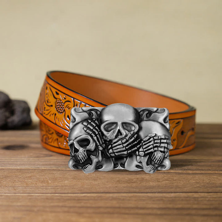 Cinturón de cuero con hebilla de calavera de risa horrible para hombre hecho a mano