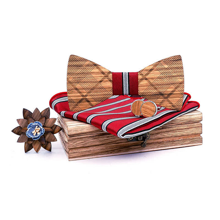 Juego de 4 pajaritas clásicas de madera a cuadros para hombre
