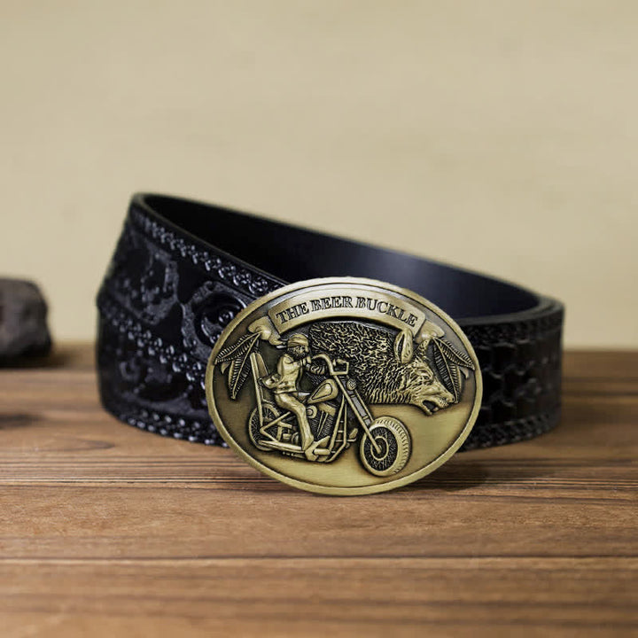 Cinturón de cuero con hebilla para hombre, hecho a mano, con diseño creativo de motocicleta