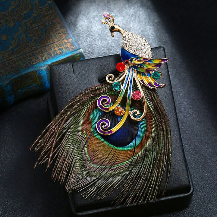 Broche étnico colorido de plumas de pavo real para mujer